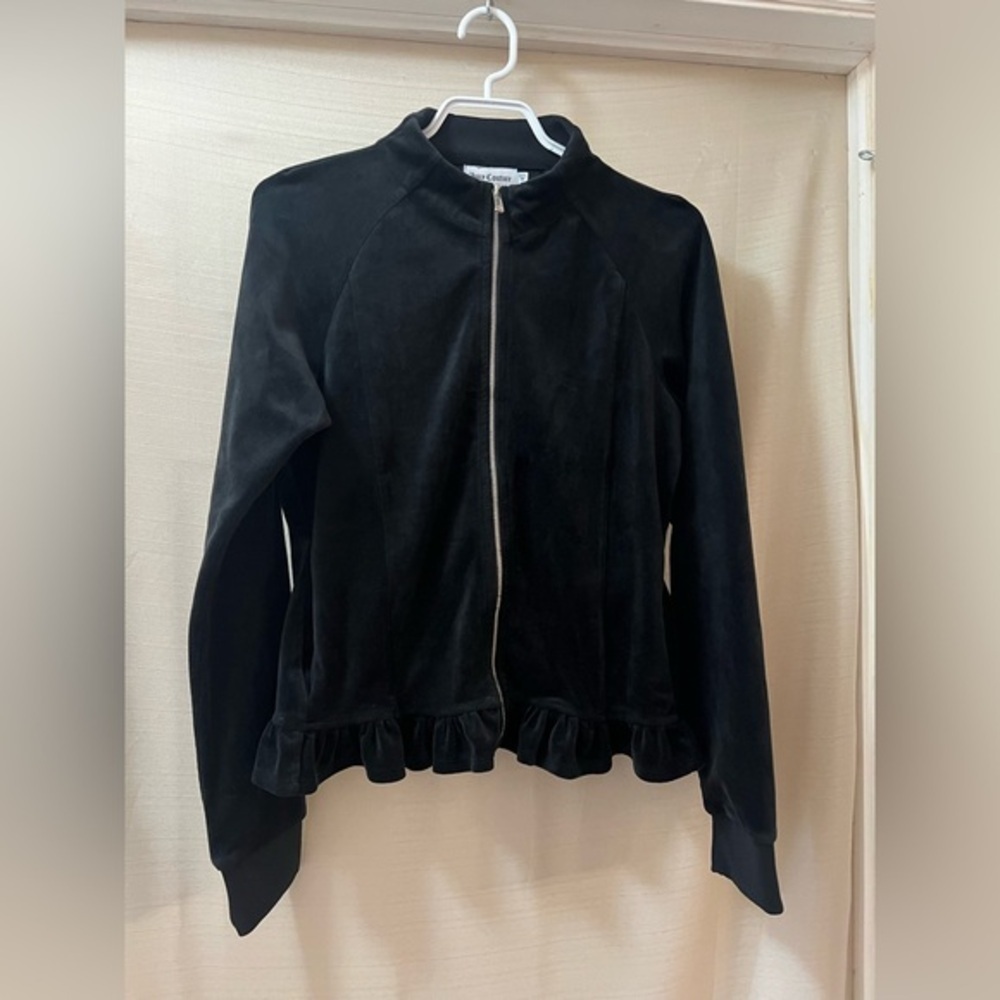 Juicy Couture Black Velour Zip-Up Sweater with Ruffle Hem